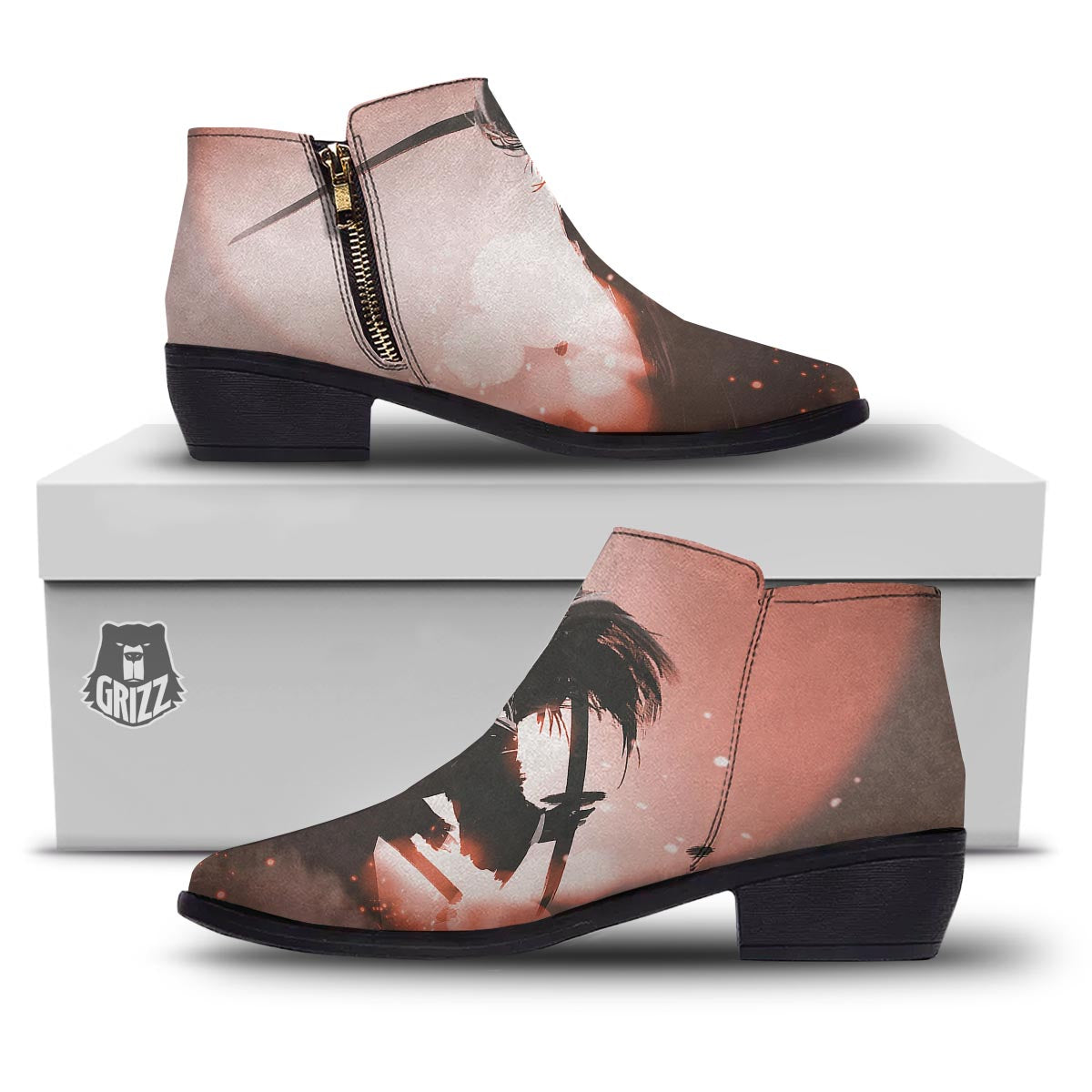 Warrior Sunset Samurai Print Ankle Boots-grizzshop