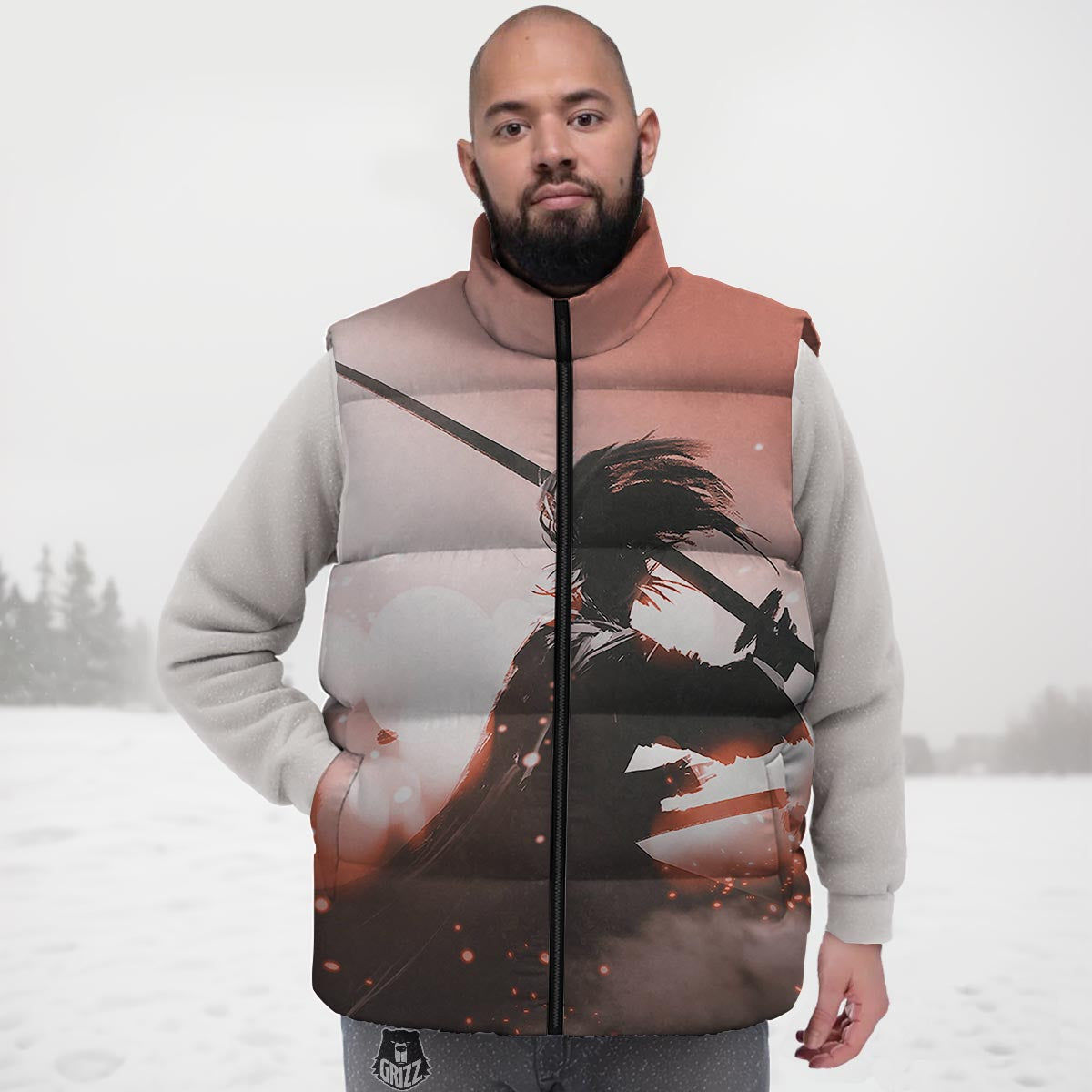 Warrior Sunset Samurai Print Down Vest-grizzshop