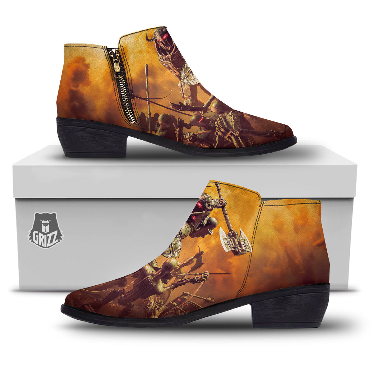 Warrior Viking Machine Print Ankle Boots-grizzshop