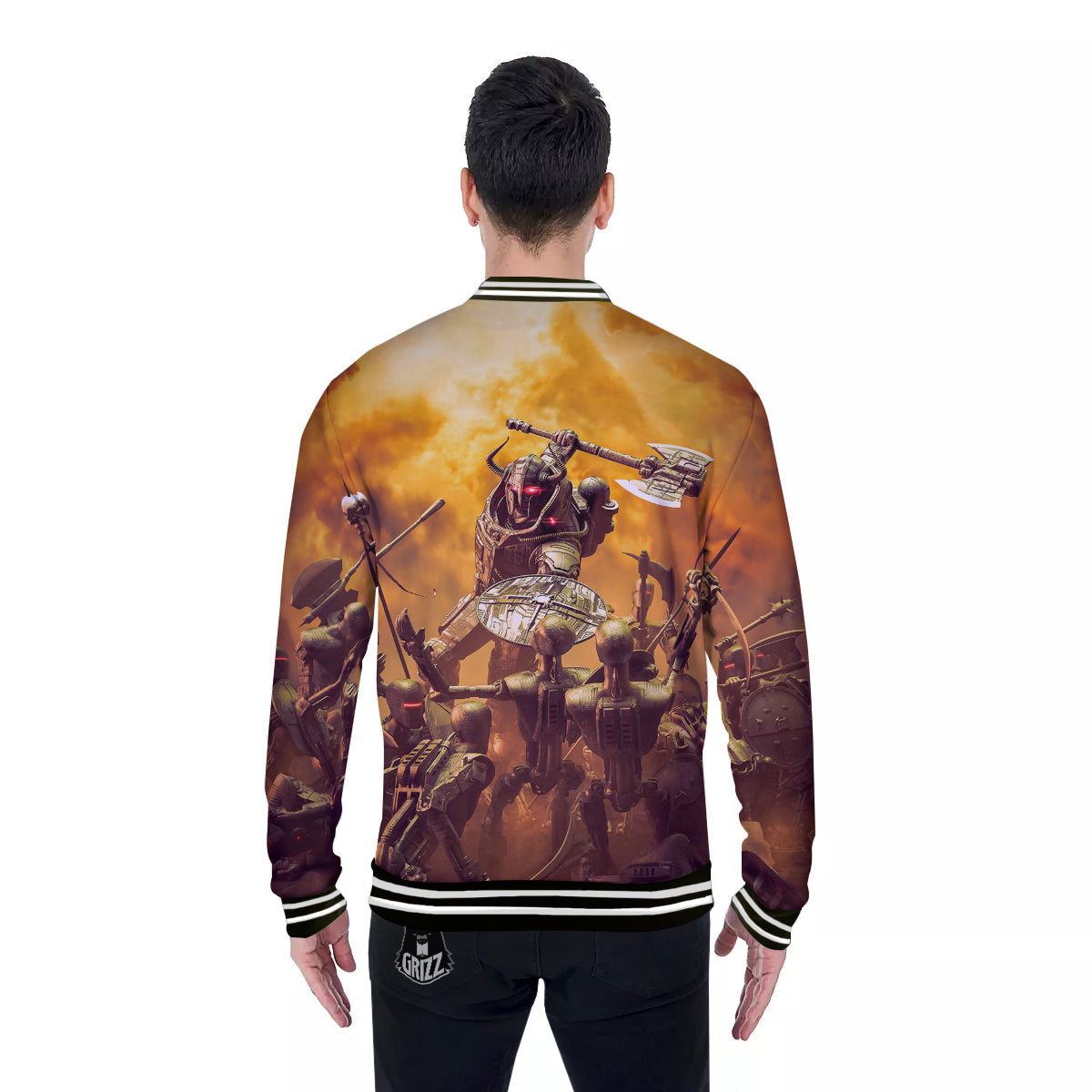 Warrior Viking Machine Print Baseball Jacket-grizzshop