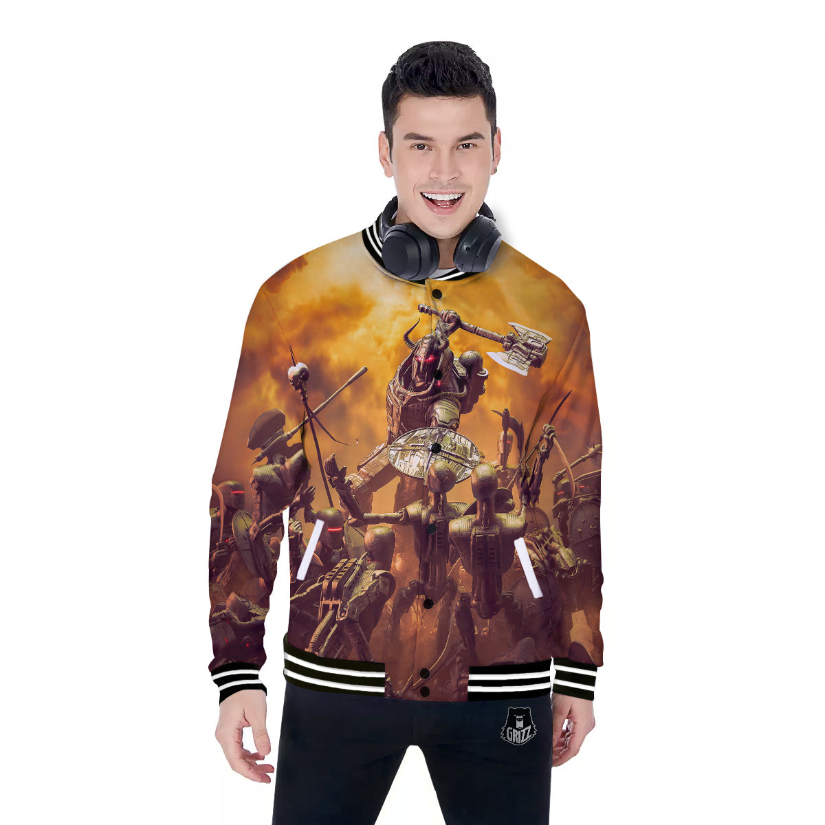 Warrior Viking Machine Print Baseball Jacket-grizzshop