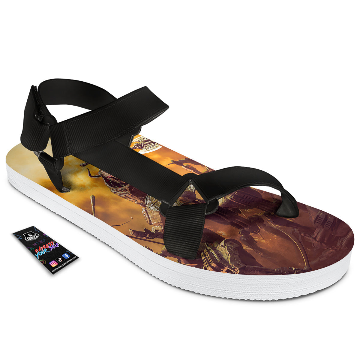 Warrior Viking Machine Print Black Open Toe Sandals-grizzshop