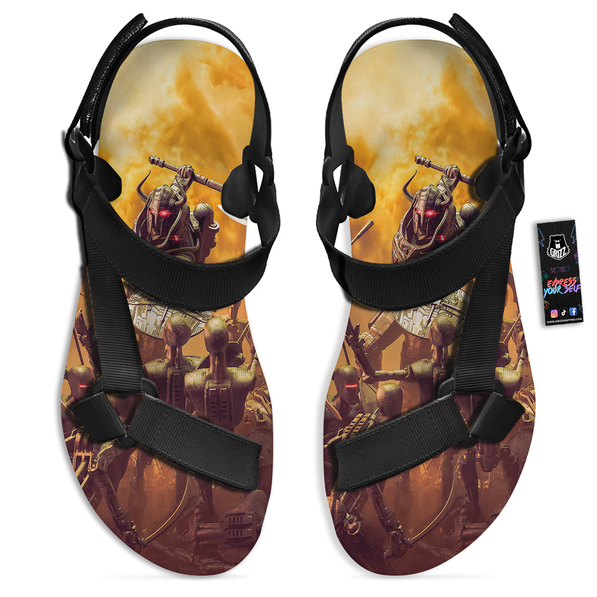 Warrior Viking Machine Print Black Open Toe Sandals-grizzshop