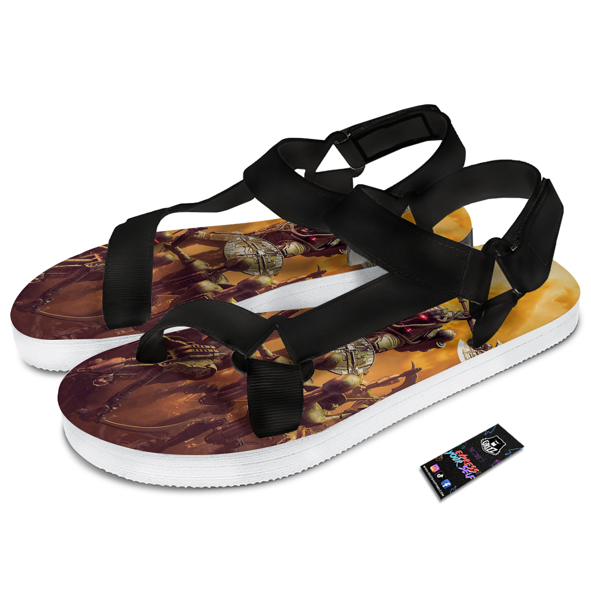 Warrior Viking Machine Print Black Open Toe Sandals-grizzshop