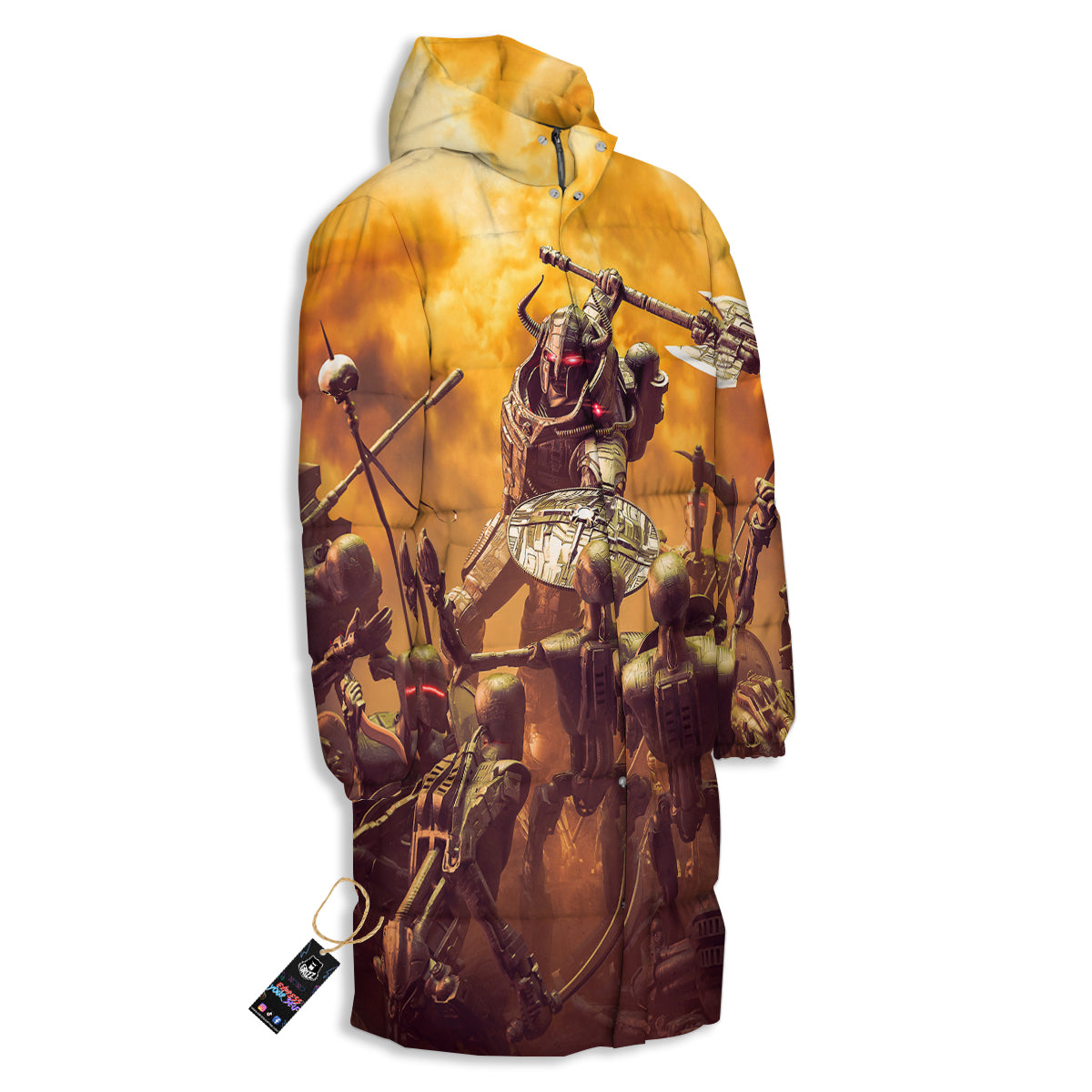 Warrior Viking Machine Print Long Down Jacket-grizzshop