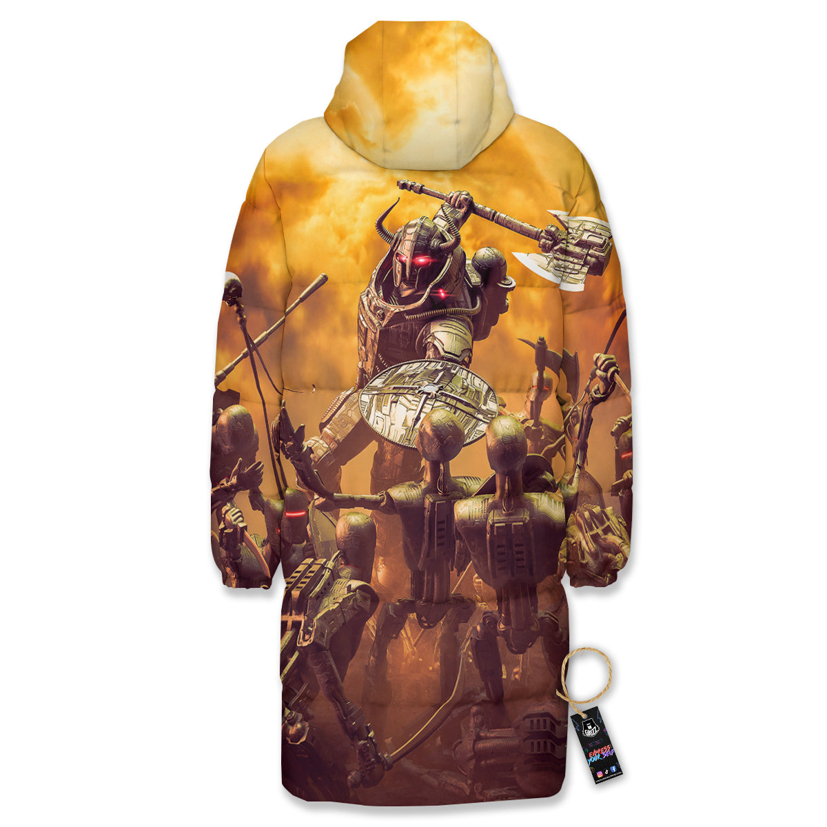 Warrior Viking Machine Print Long Down Jacket-grizzshop