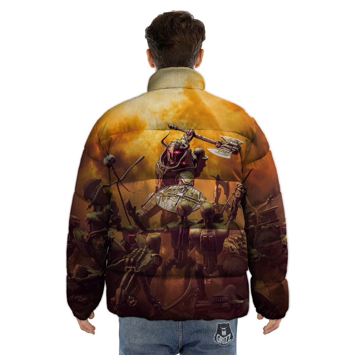 Warrior Viking Machine Print Puffer Jacket-grizzshop