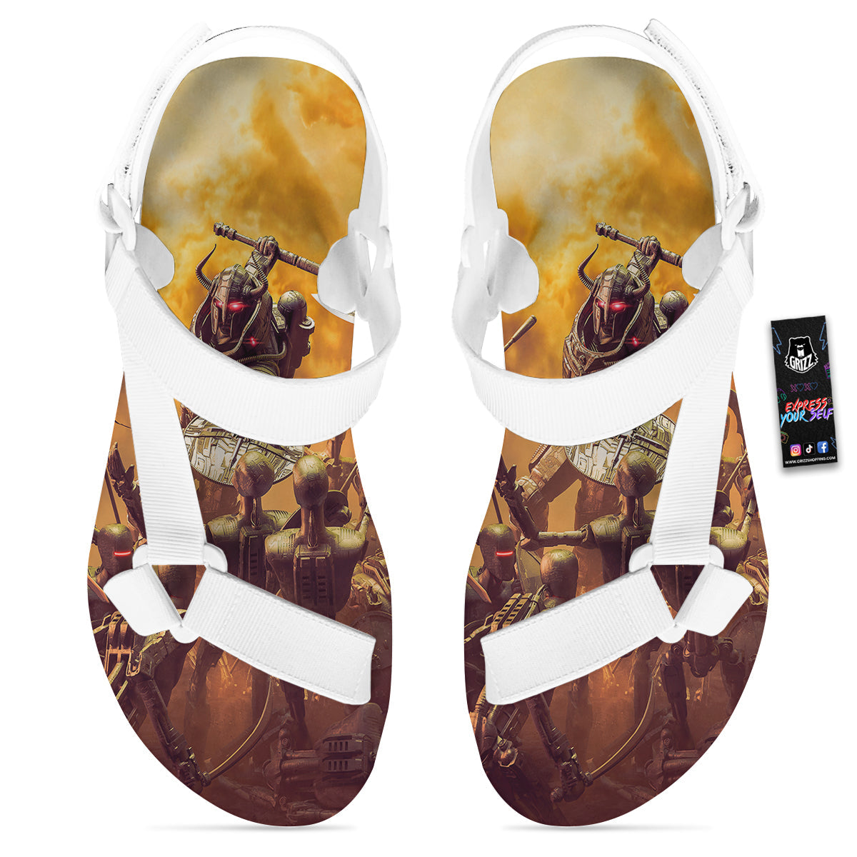 Warrior Viking Machine Print White Open Toe Sandals-grizzshop