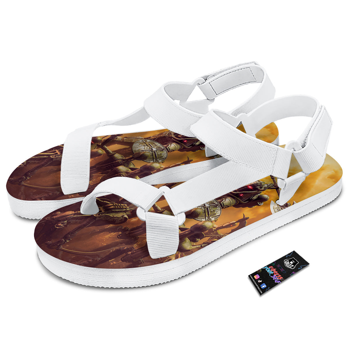 Warrior Viking Machine Print White Open Toe Sandals-grizzshop