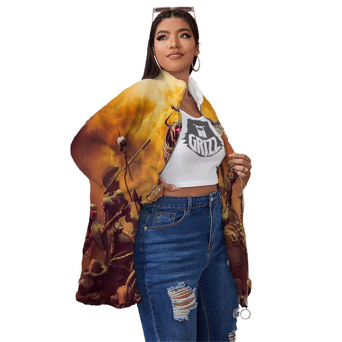 Warrior Viking Machine Print Women's Sherpa Jacket-grizzshop