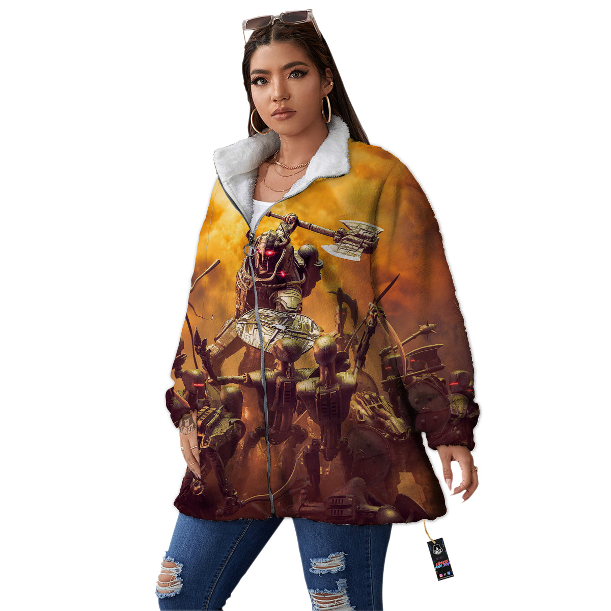 Warrior Viking Machine Print Women's Sherpa Jacket-grizzshop