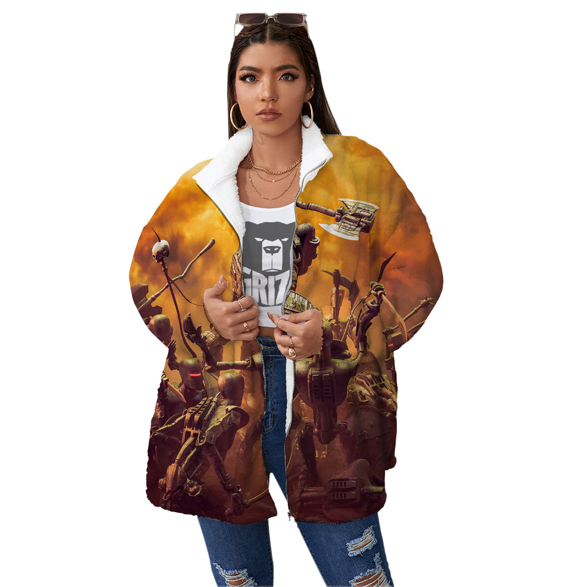 Warrior Viking Machine Print Women's Sherpa Jacket-grizzshop