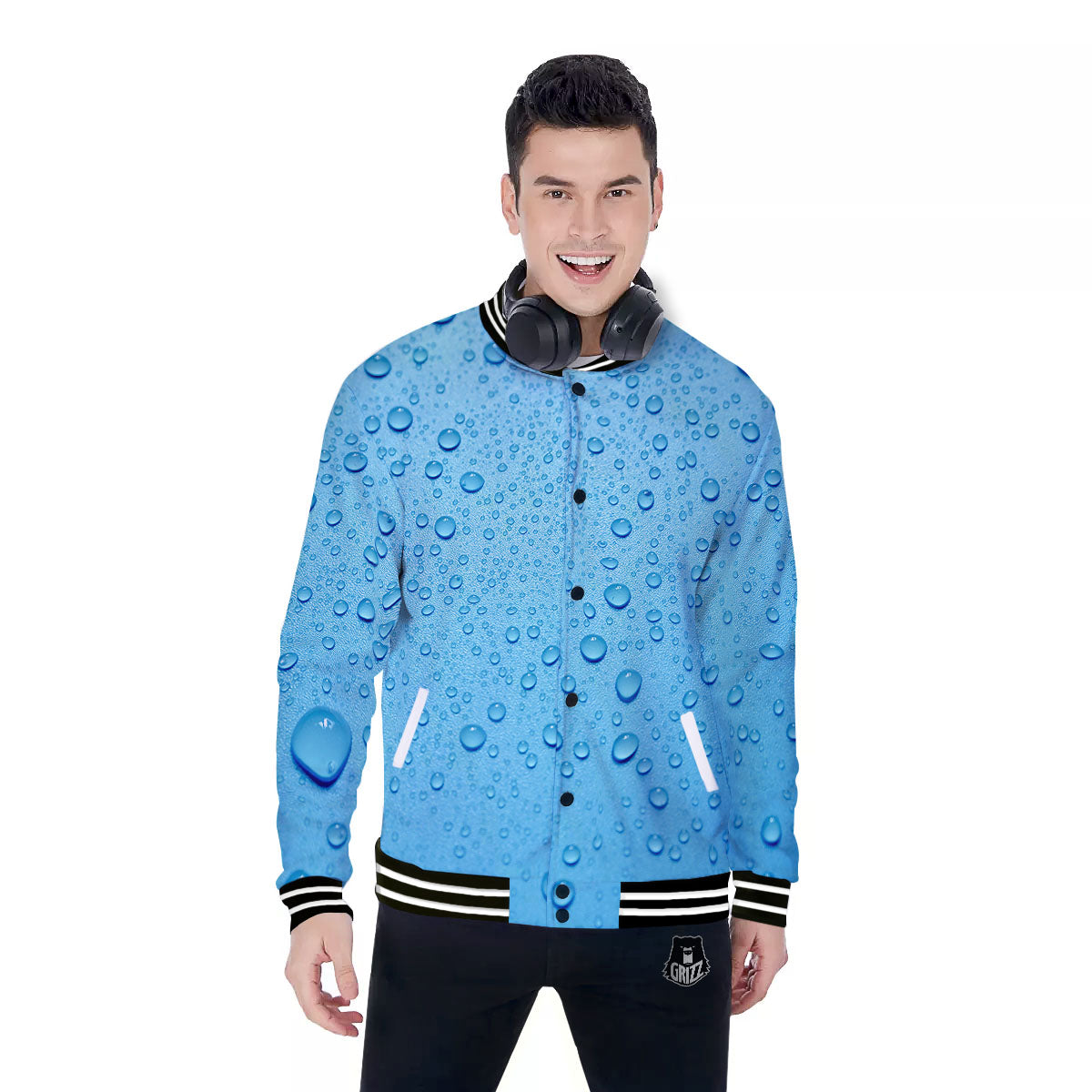 Water Drops Print Baseball Jacket-grizzshop