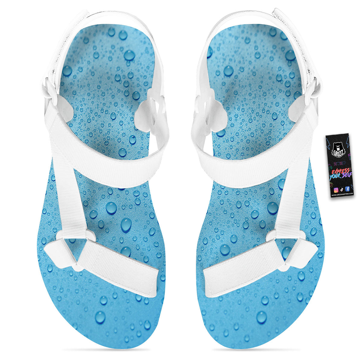 Water Drops Print White Open Toe Sandals-grizzshop