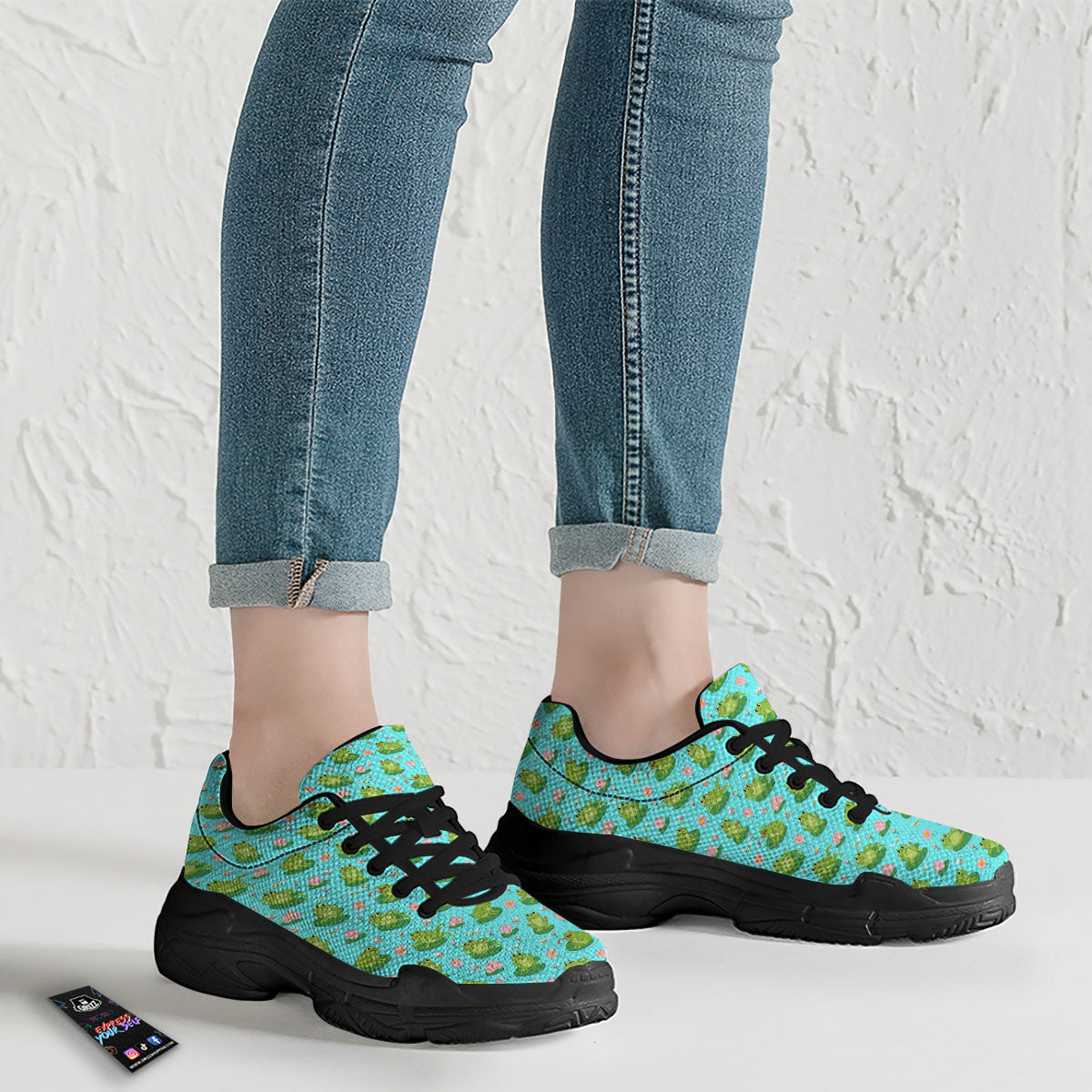 Water Lilies And Frogs Print Pattern Black Chunky Shoes-grizzshop