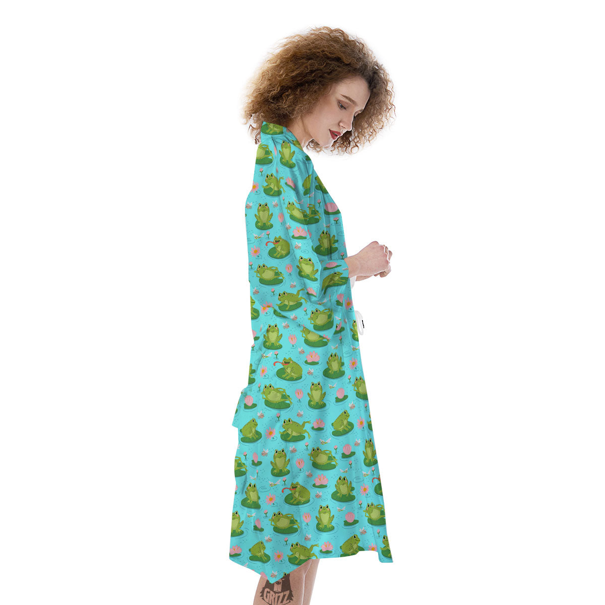 Water Lilies And Frogs Print Pattern Kimono-grizzshop
