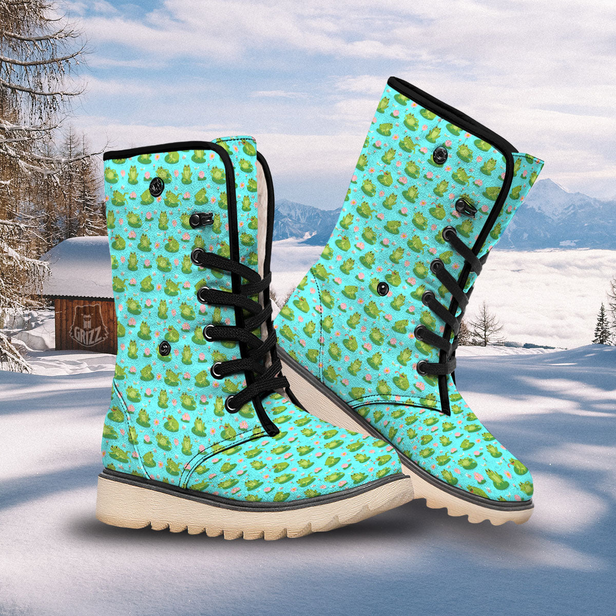 Water Lilies And Frogs Print Pattern Snow Boots-grizzshop