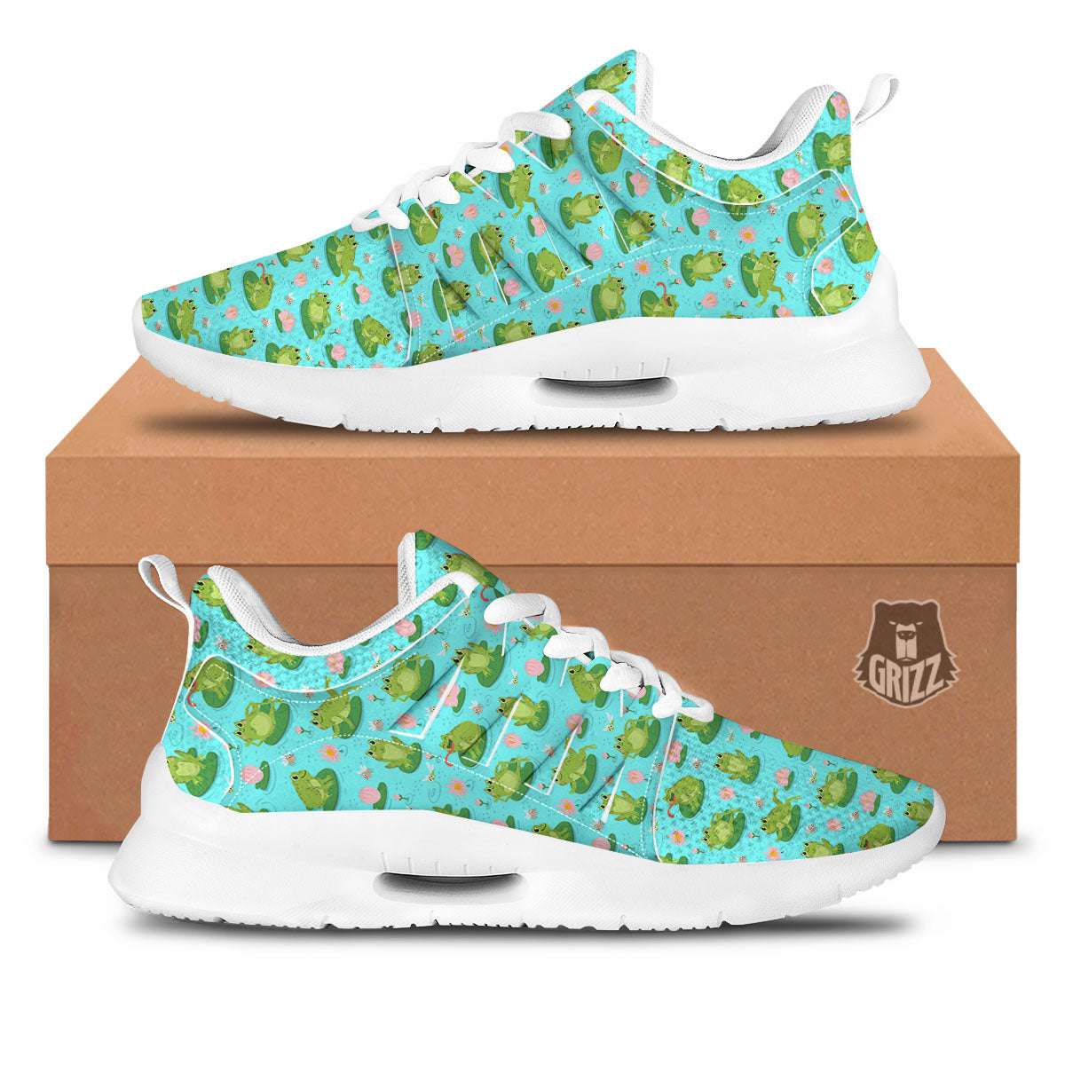 Water Lilies And Frogs Print Pattern Tennis Shoes-grizzshop