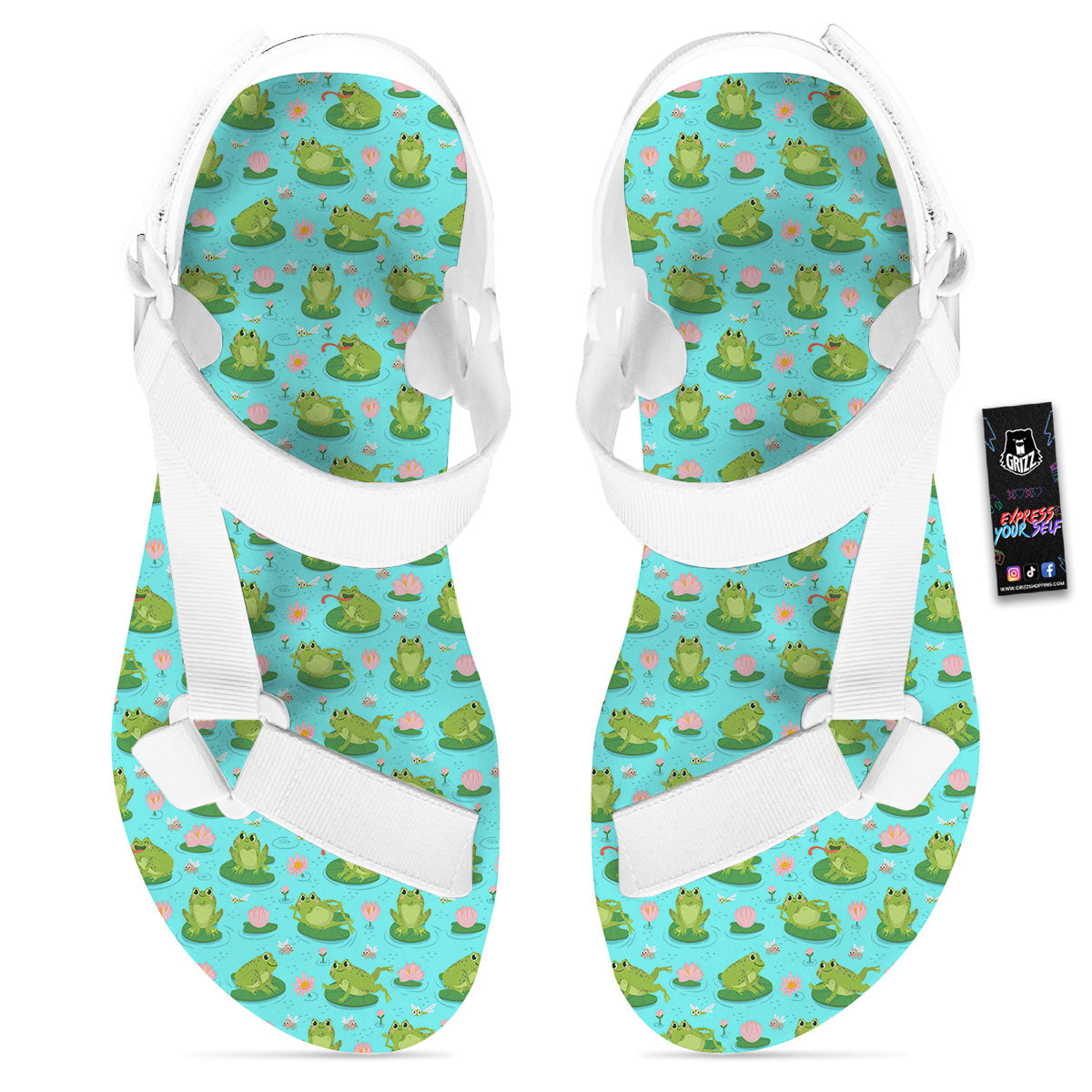 Water Lilies And Frogs Print Pattern White Open Toe Sandals-grizzshop