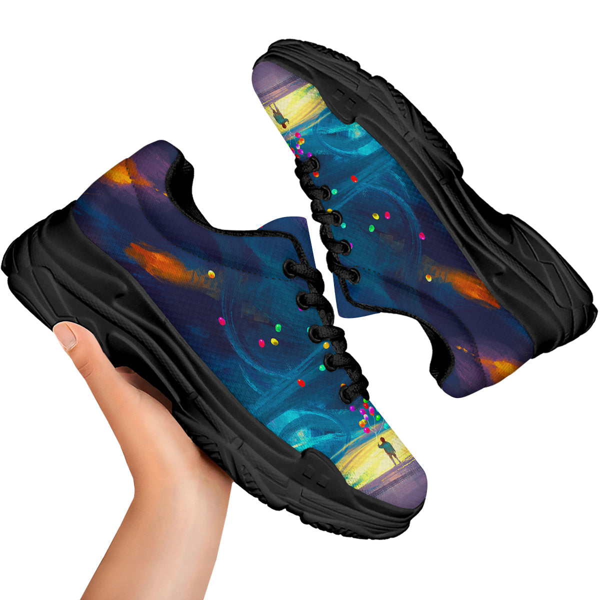 Watercolor Balloons And Storm Print Black Chunky Shoes-grizzshop