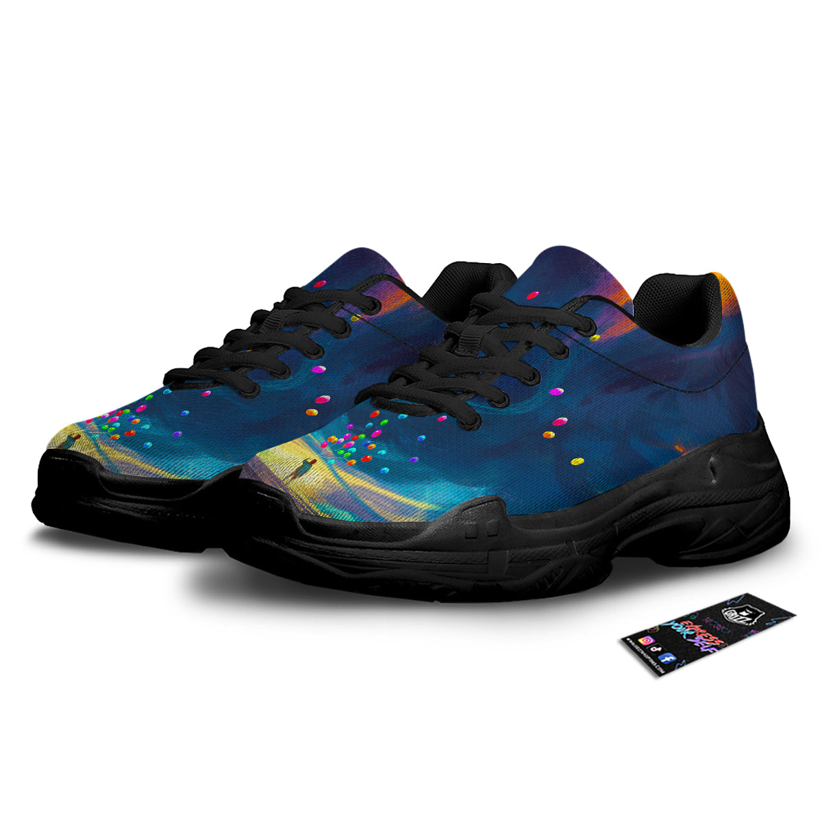 Watercolor Balloons And Storm Print Black Chunky Shoes-grizzshop