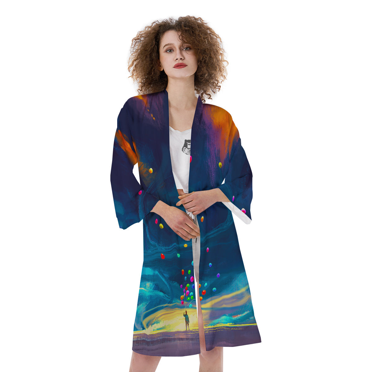 Watercolor Balloons And Storm Print Kimono-grizzshop