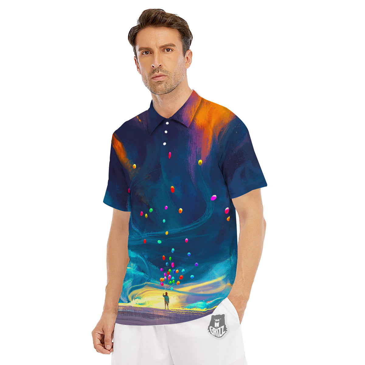 Watercolor Balloons And Storm Print Men's Golf Shirts-grizzshop