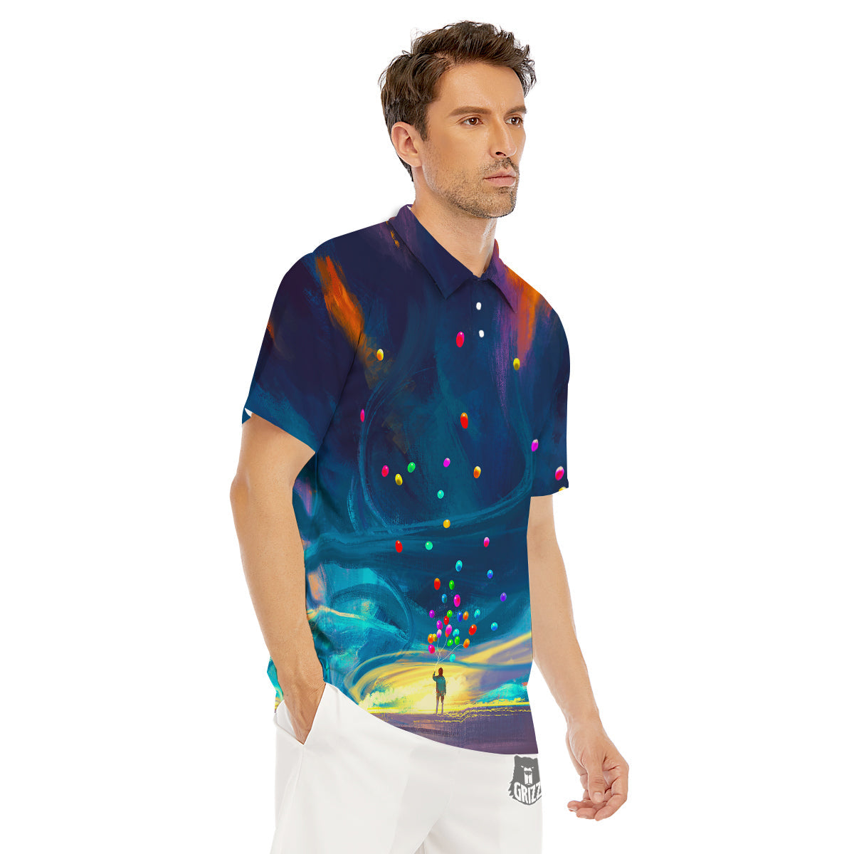 Watercolor Balloons And Storm Print Men's Golf Shirts-grizzshop