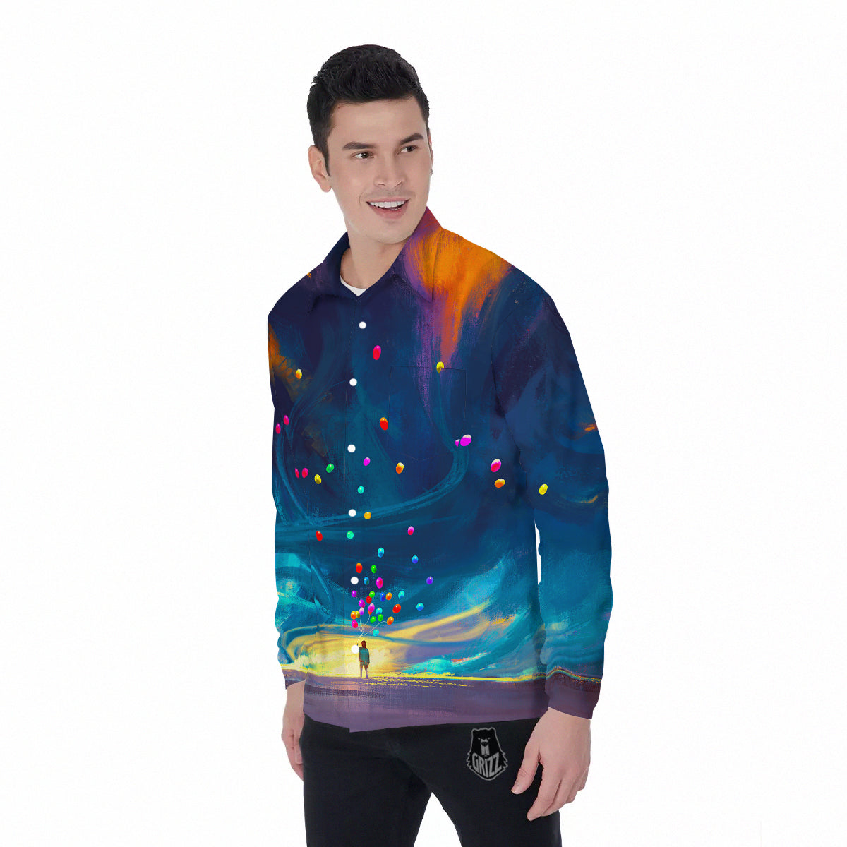 Watercolor Balloons And Storm Print Men's Long Sleeve Shirts-grizzshop