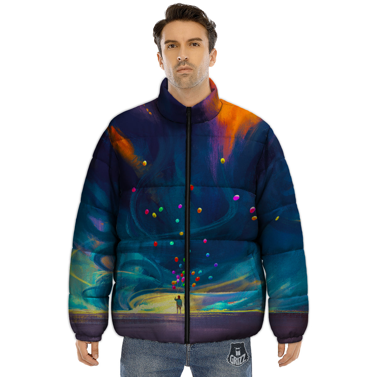 Watercolor Balloons And Storm Print Puffer Jacket-grizzshop