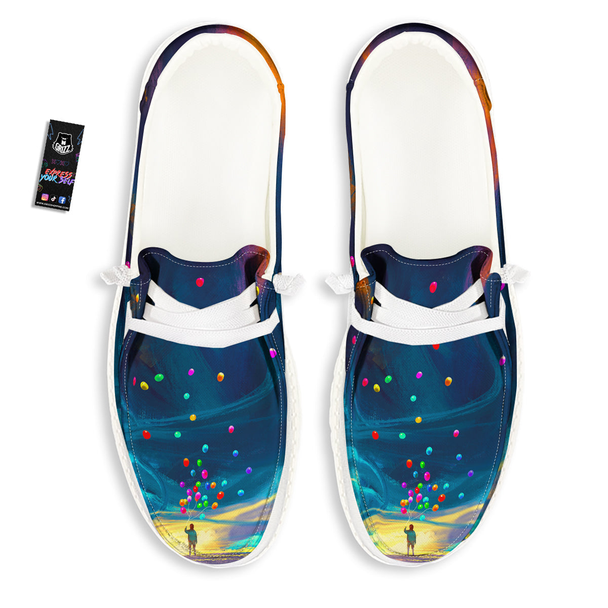 Watercolor Balloons And Storm Print White Loafers-grizzshop