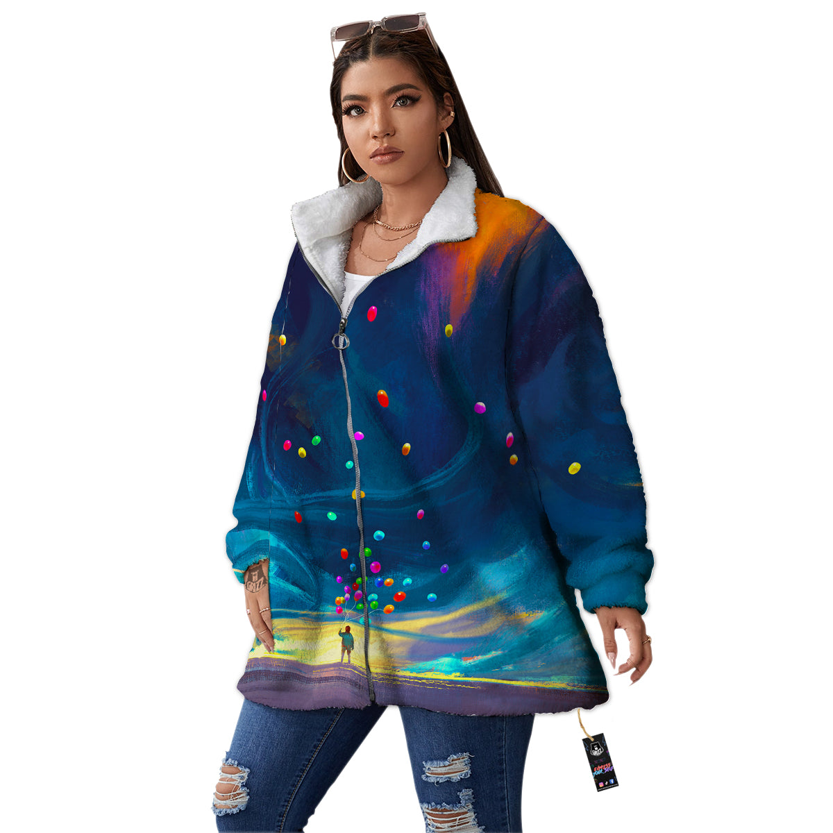 Watercolor Balloons And Storm Print Women's Sherpa Jacket-grizzshop