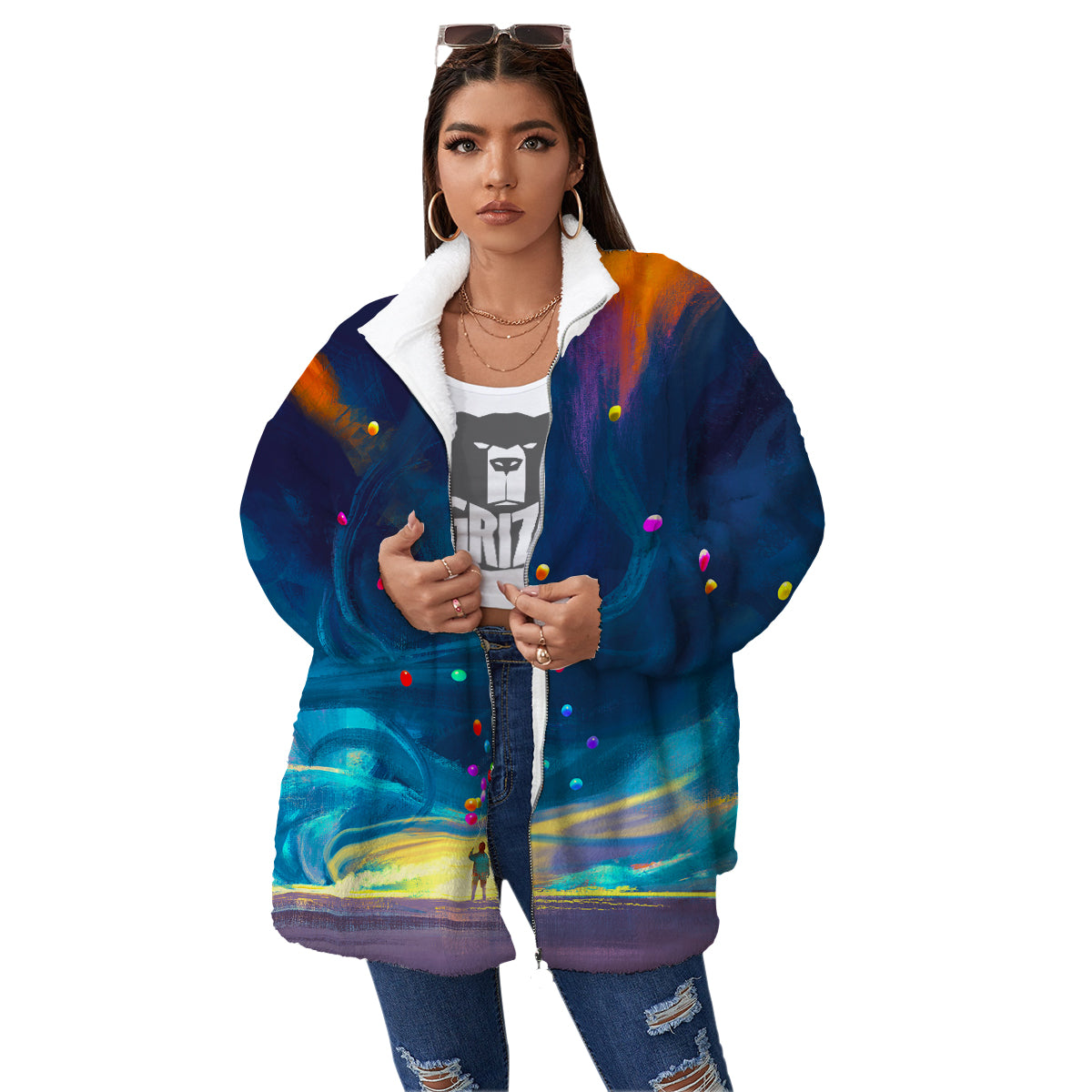 Watercolor Balloons And Storm Print Women's Sherpa Jacket-grizzshop