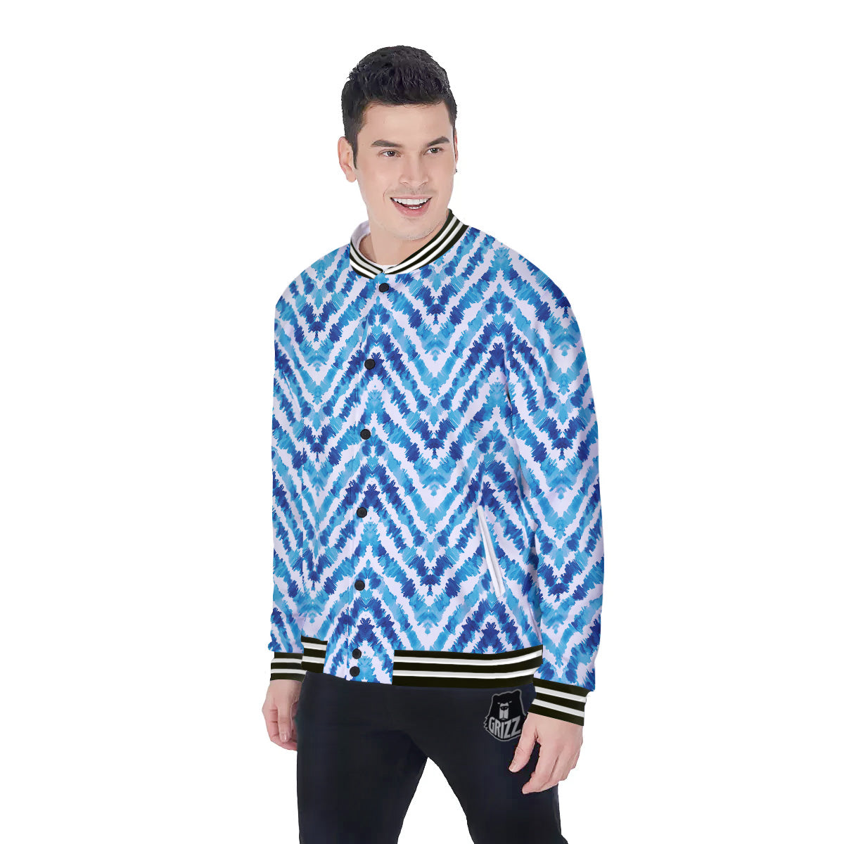 Watercolor Blue Zigzag Print Pattern Baseball Jacket-grizzshop