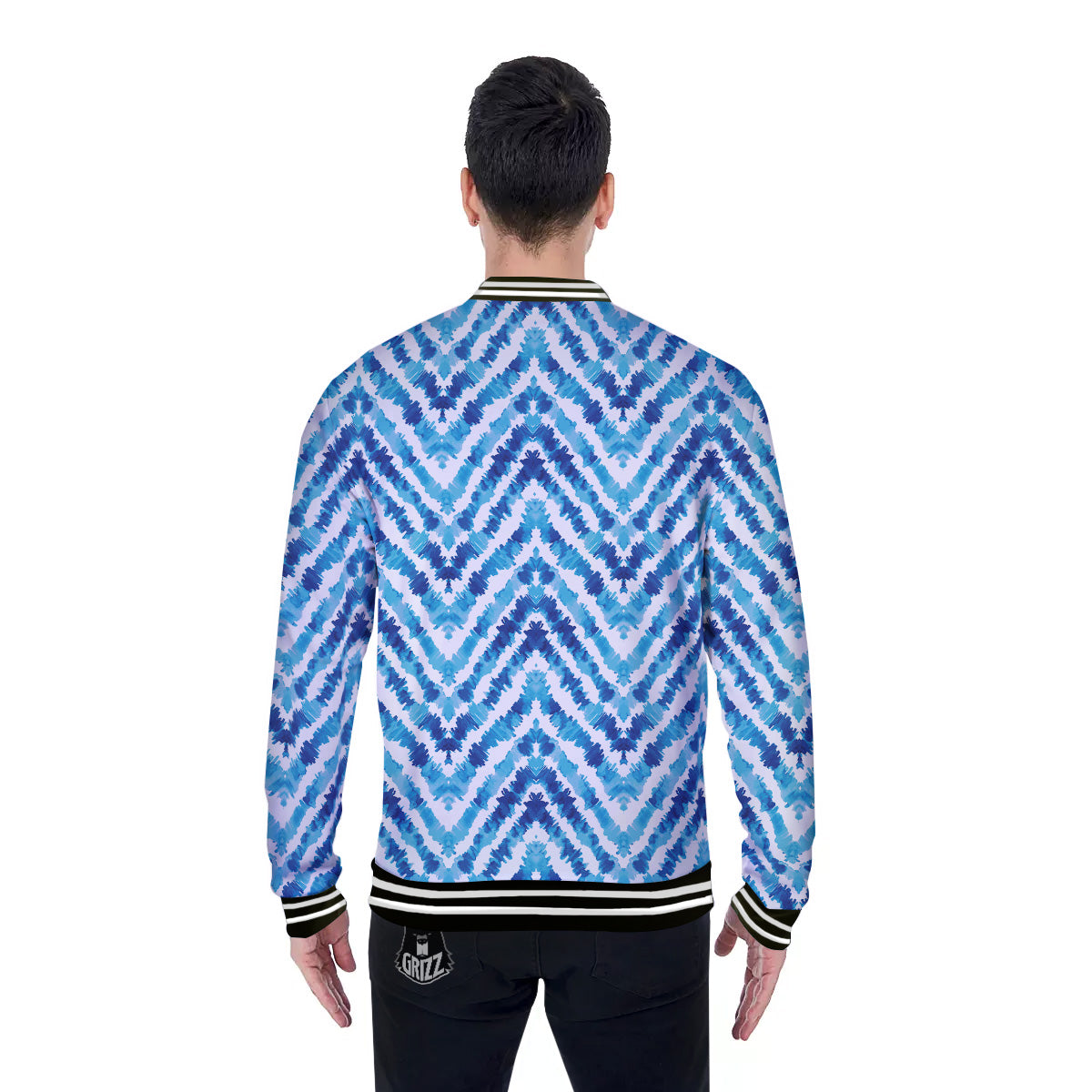 Watercolor Blue Zigzag Print Pattern Baseball Jacket-grizzshop