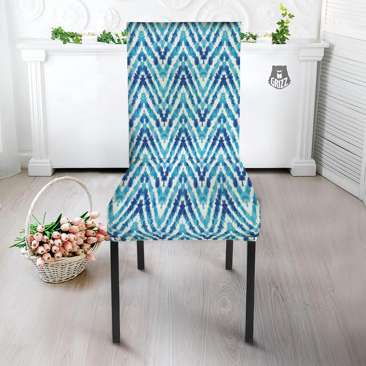 Watercolor Blue Zigzag Print Pattern Dining Chair Slipcover-grizzshop