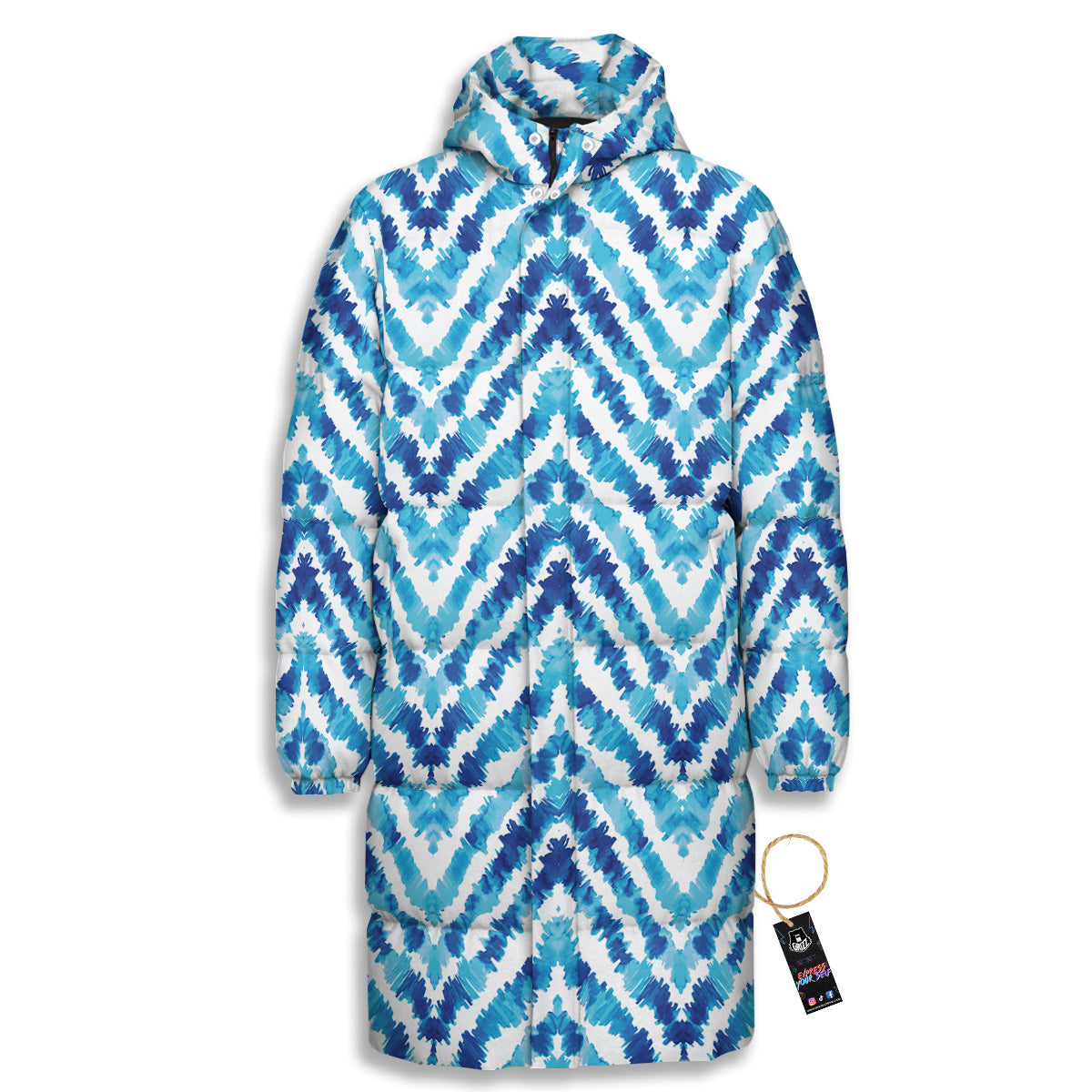 Watercolor Blue Zigzag Print Pattern Long Down Jacket-grizzshop