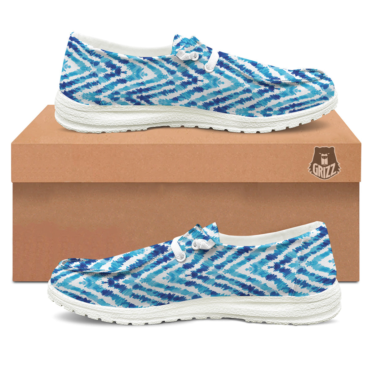 Watercolor Blue Zigzag Print Pattern White Loafers-grizzshop