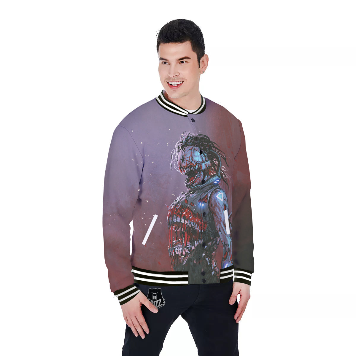 Watercolor Creepy Monsters Open Mouth Print Baseball Jacket-grizzshop