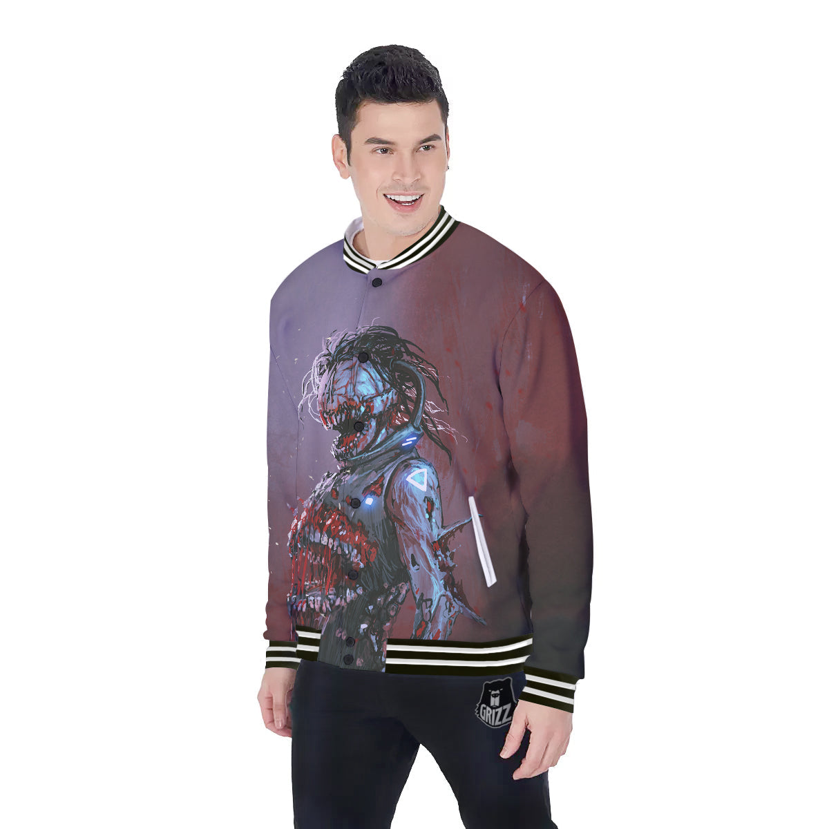 Watercolor Creepy Monsters Open Mouth Print Baseball Jacket-grizzshop