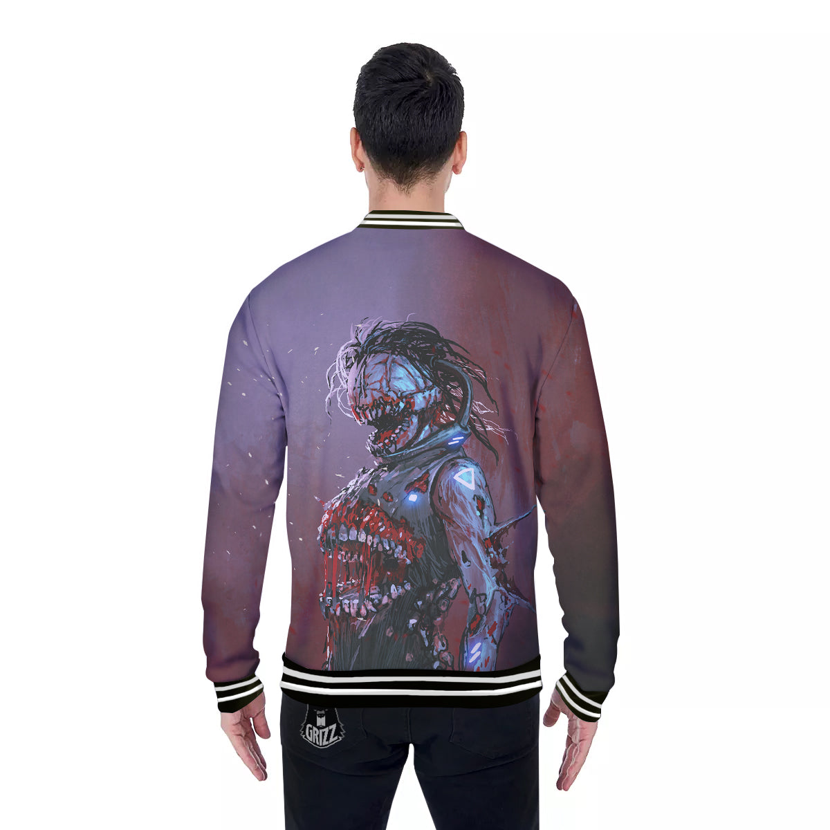 Watercolor Creepy Monsters Open Mouth Print Baseball Jacket-grizzshop