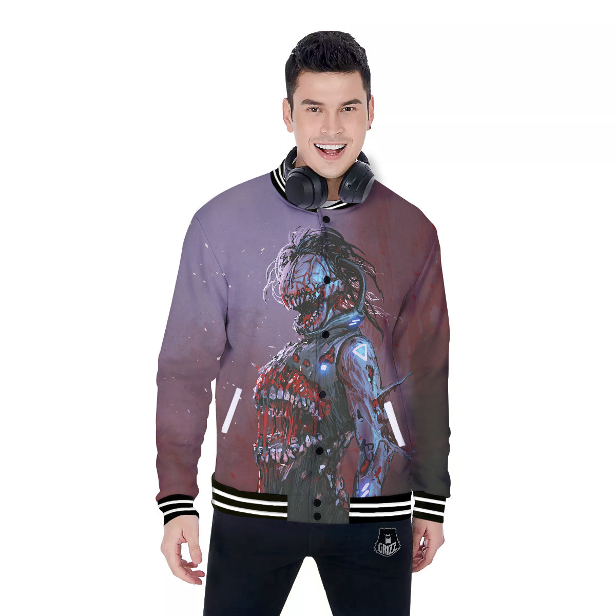 Watercolor Creepy Monsters Open Mouth Print Baseball Jacket-grizzshop
