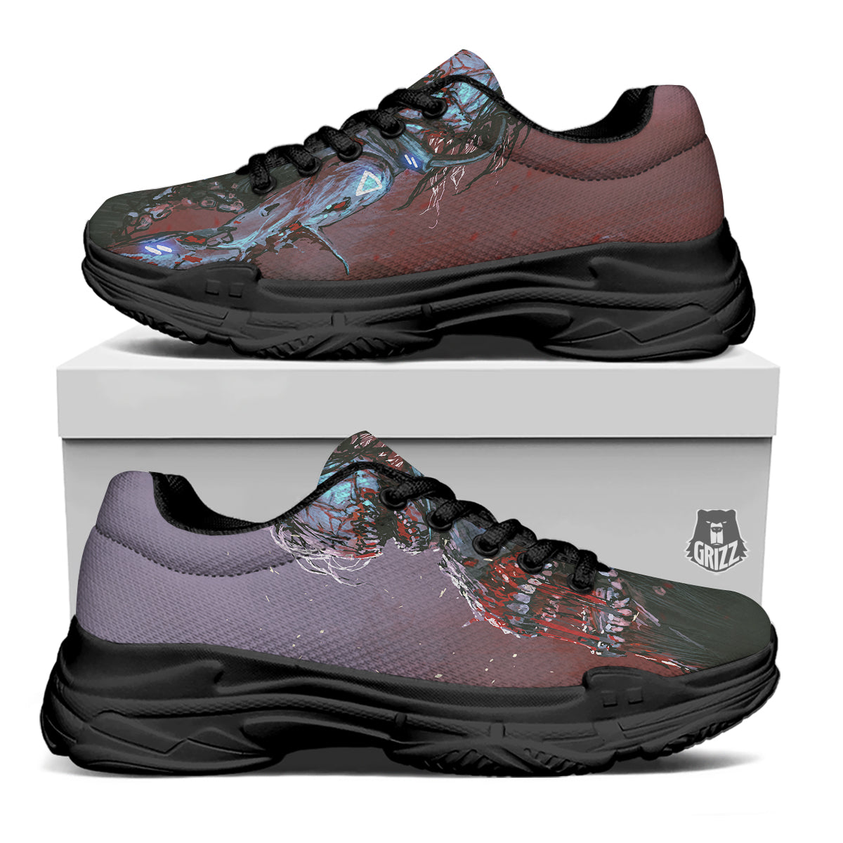 Watercolor Creepy Monsters Open Mouth Print Black Chunky Shoes-grizzshop