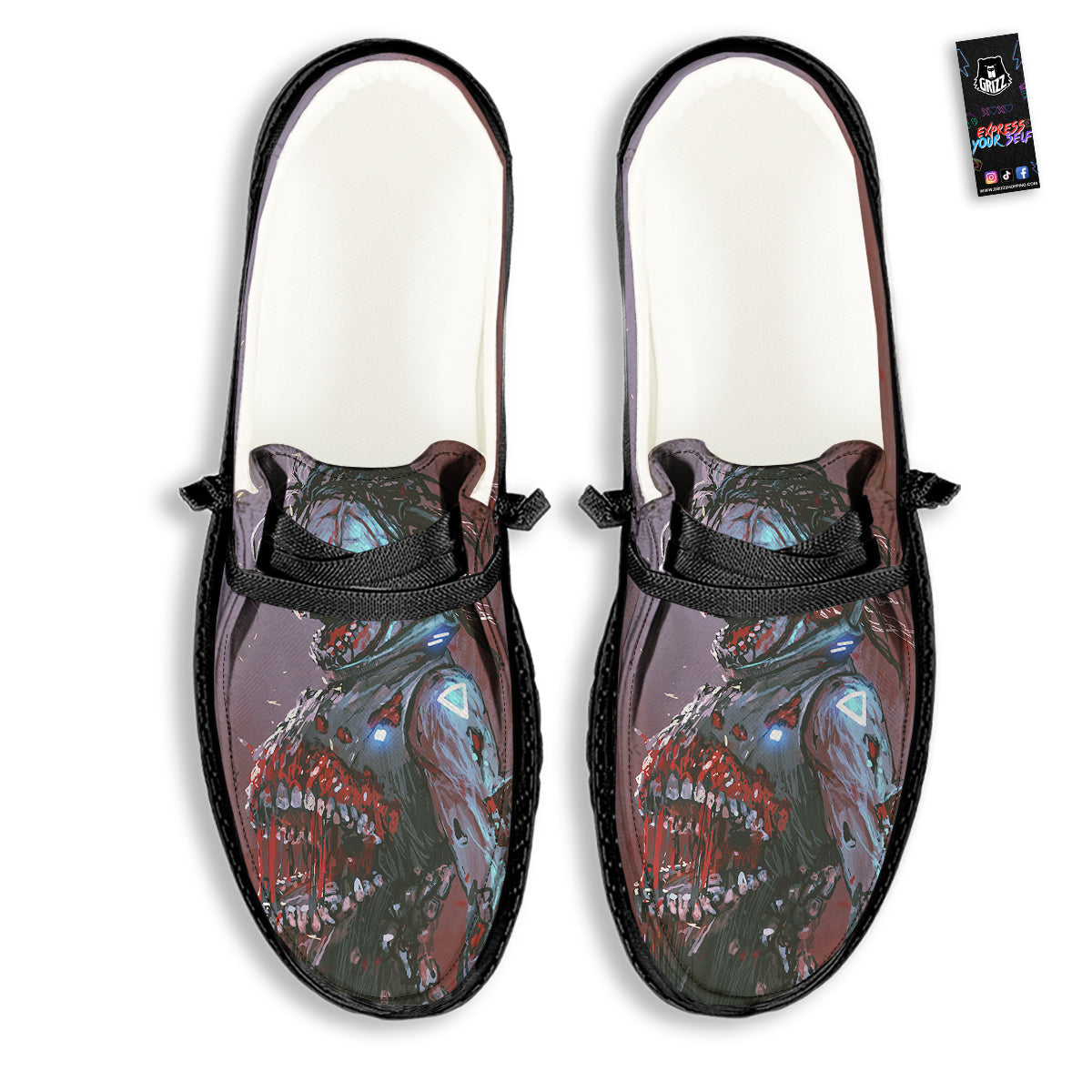 Watercolor Creepy Monsters Open Mouth Print Black Loafers-grizzshop
