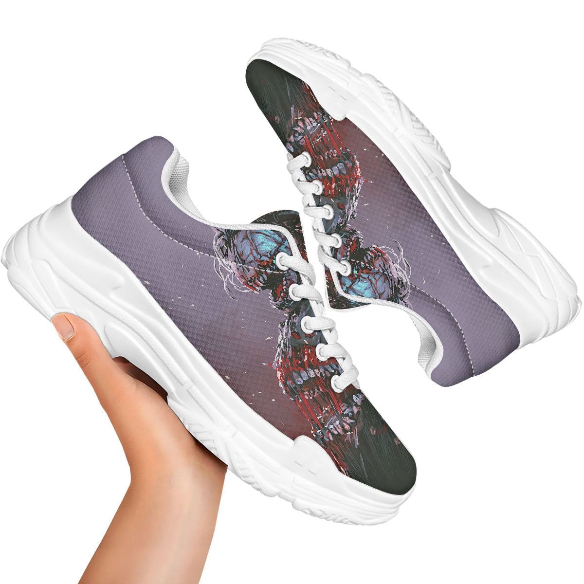 Watercolor Creepy Monsters Open Mouth Print White Chunky Shoes-grizzshop