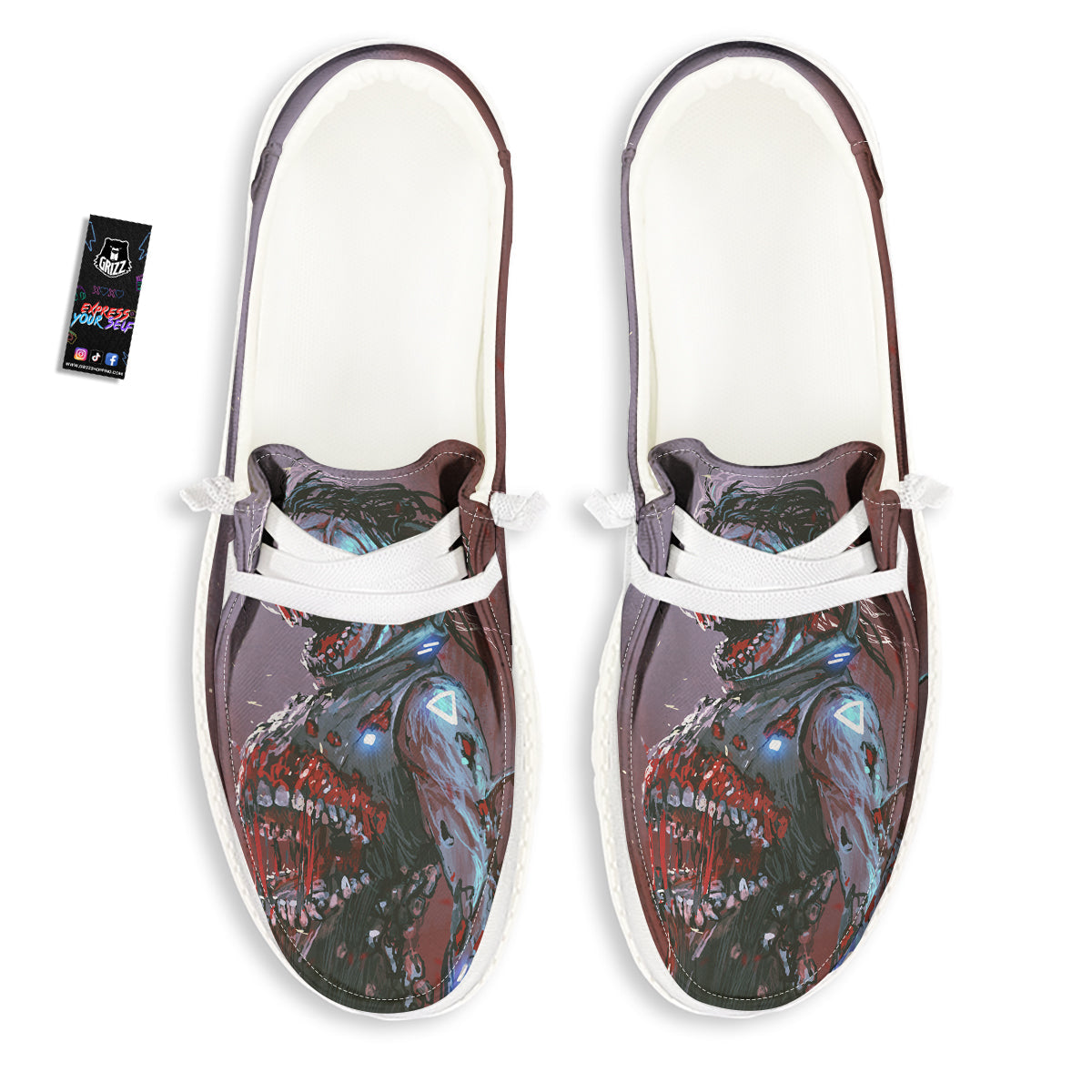 Watercolor Creepy Monsters Open Mouth Print White Loafers-grizzshop