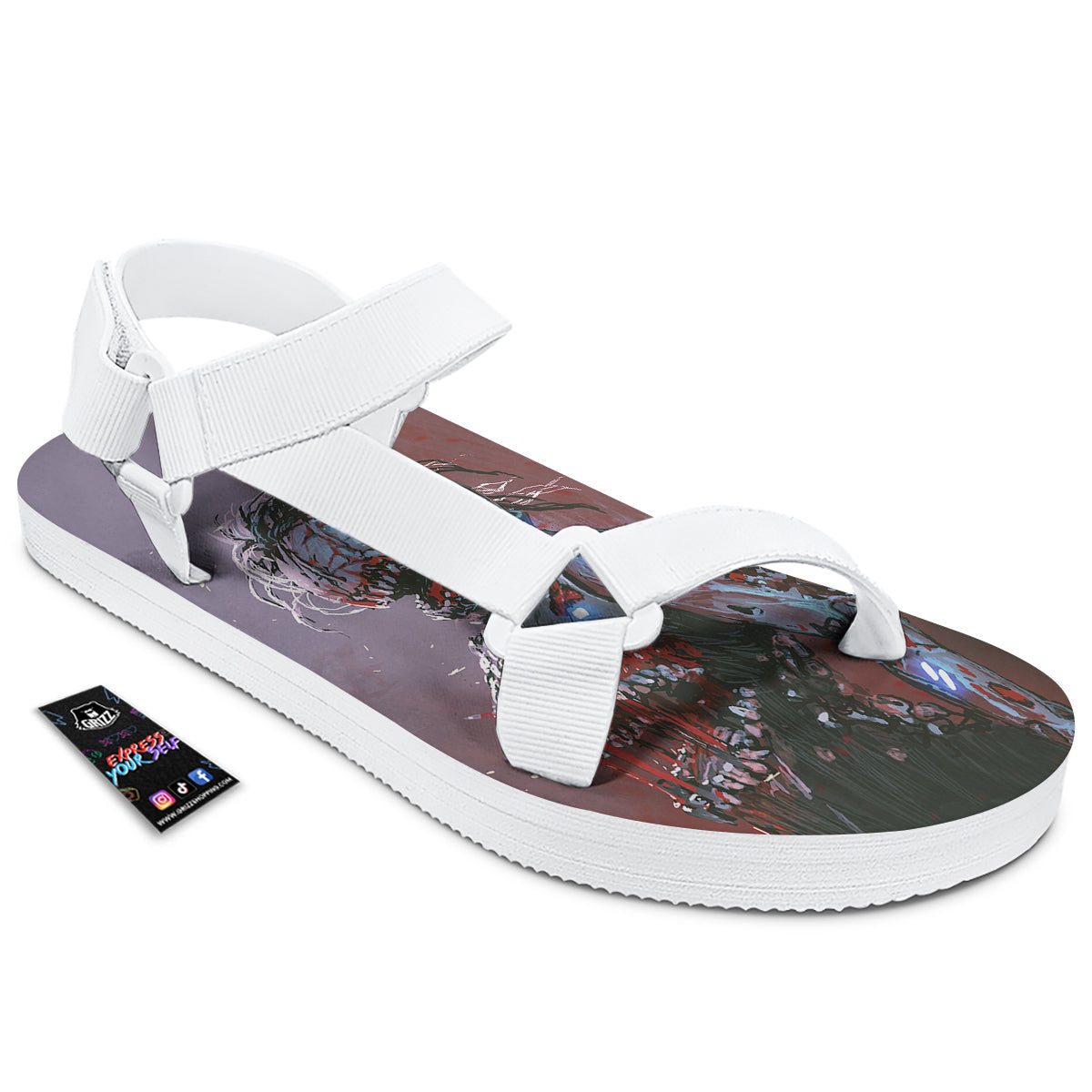 Watercolor Creepy Monsters Open Mouth Print White Open Toe Sandals-grizzshop