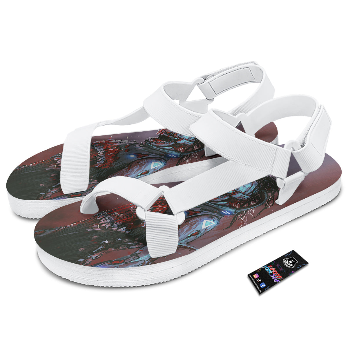 Watercolor Creepy Monsters Open Mouth Print White Open Toe Sandals-grizzshop