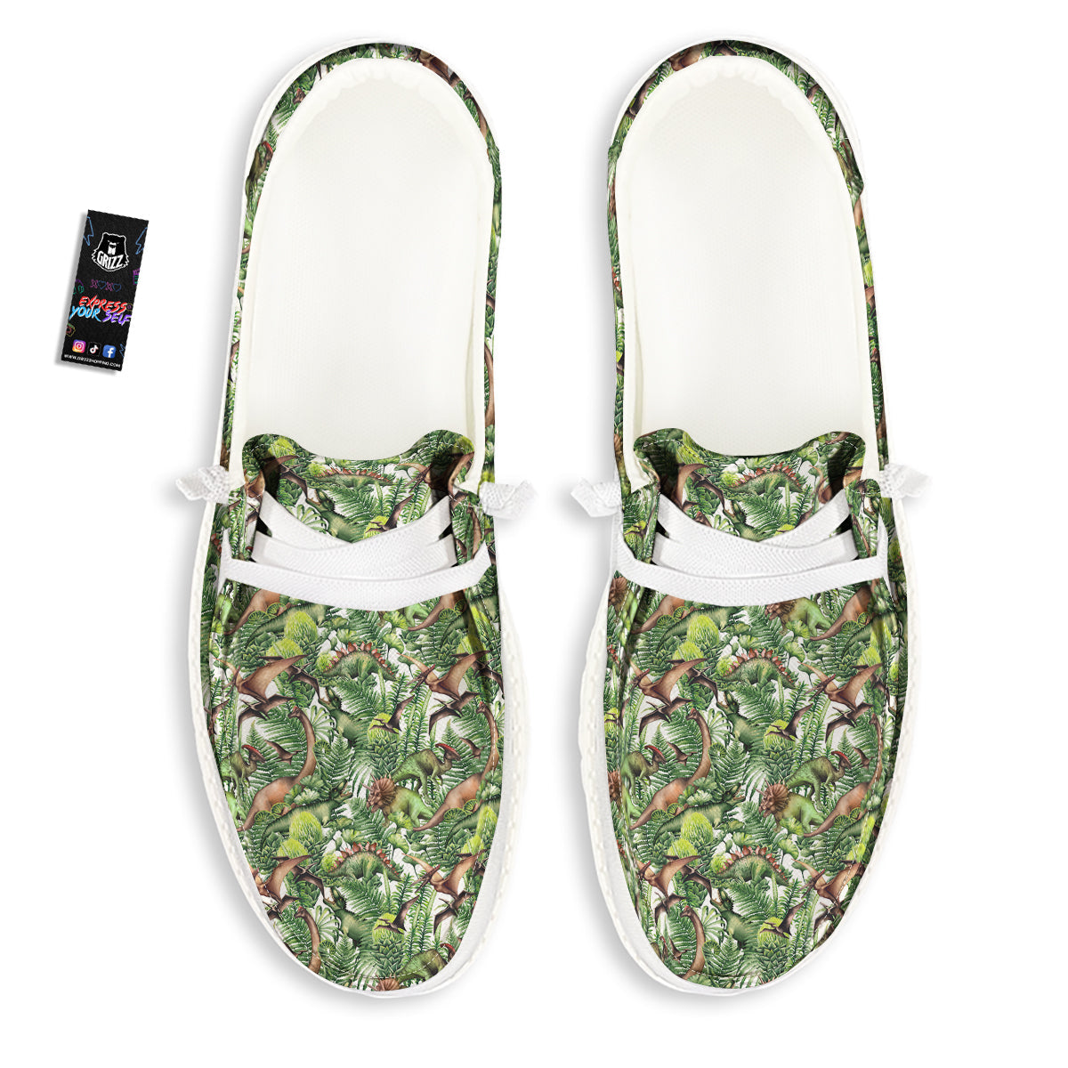 Watercolor Dinosaurs Plants Print Pattern White Loafers-grizzshop