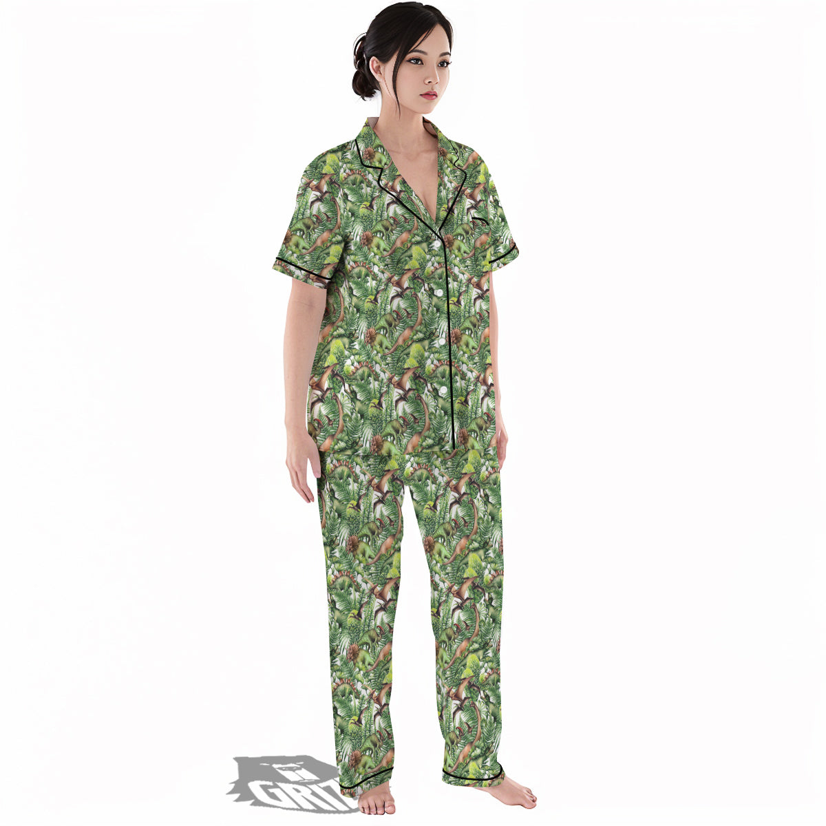 Watercolor Dinosaurs Plants Print Pattern Women's Pajamas Set-grizzshop